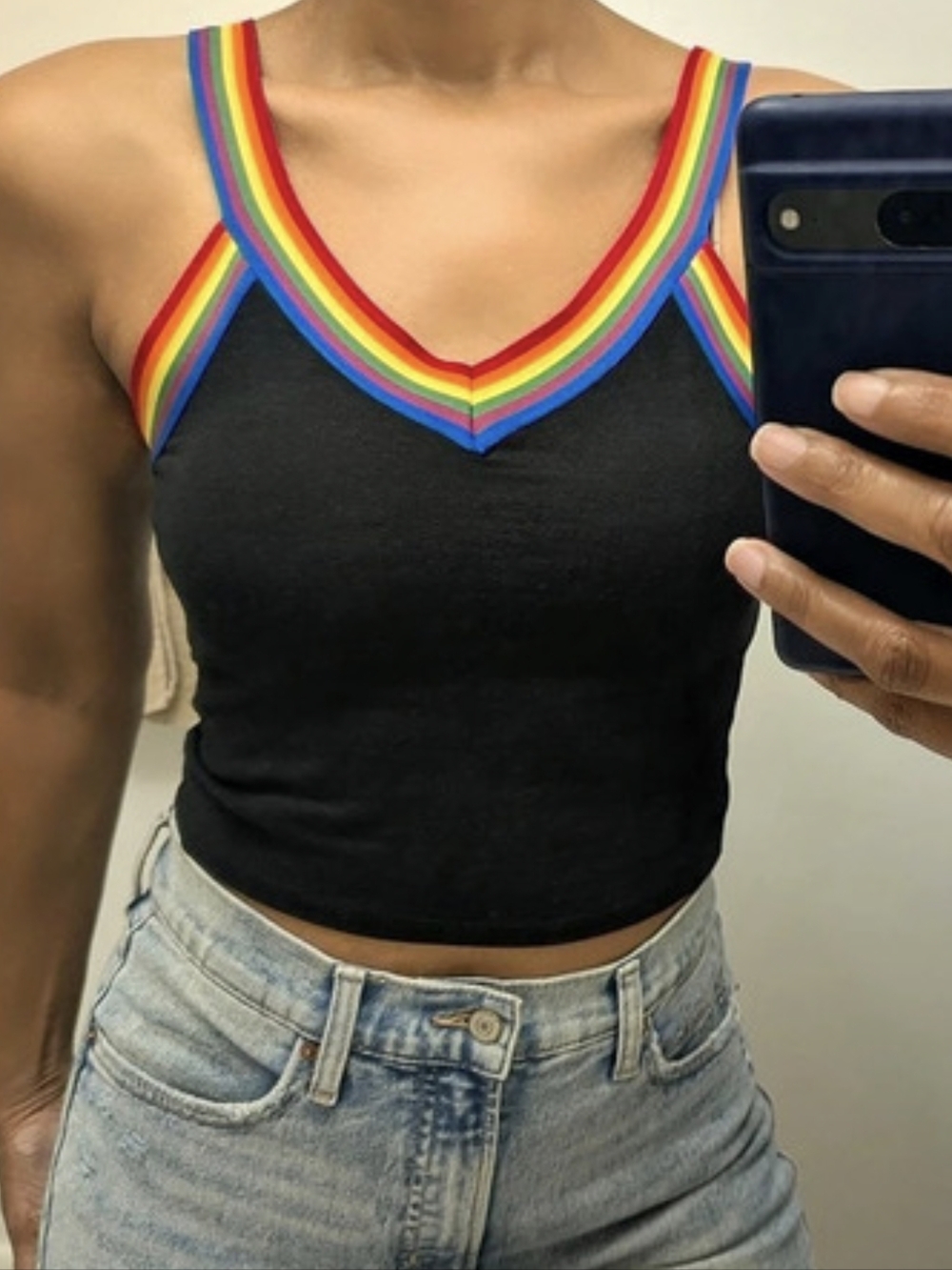 Heart & Hips Rainbow Trim Tank Top in Black Size Medium